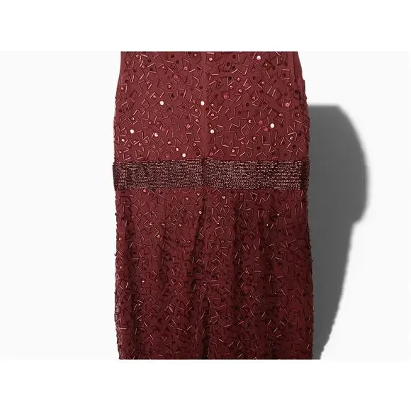 New with Tags Mac Duggal 93758 Beaded Midi Dress Jewel Neck Burgundy Size 8 - Picture 12 of 16
